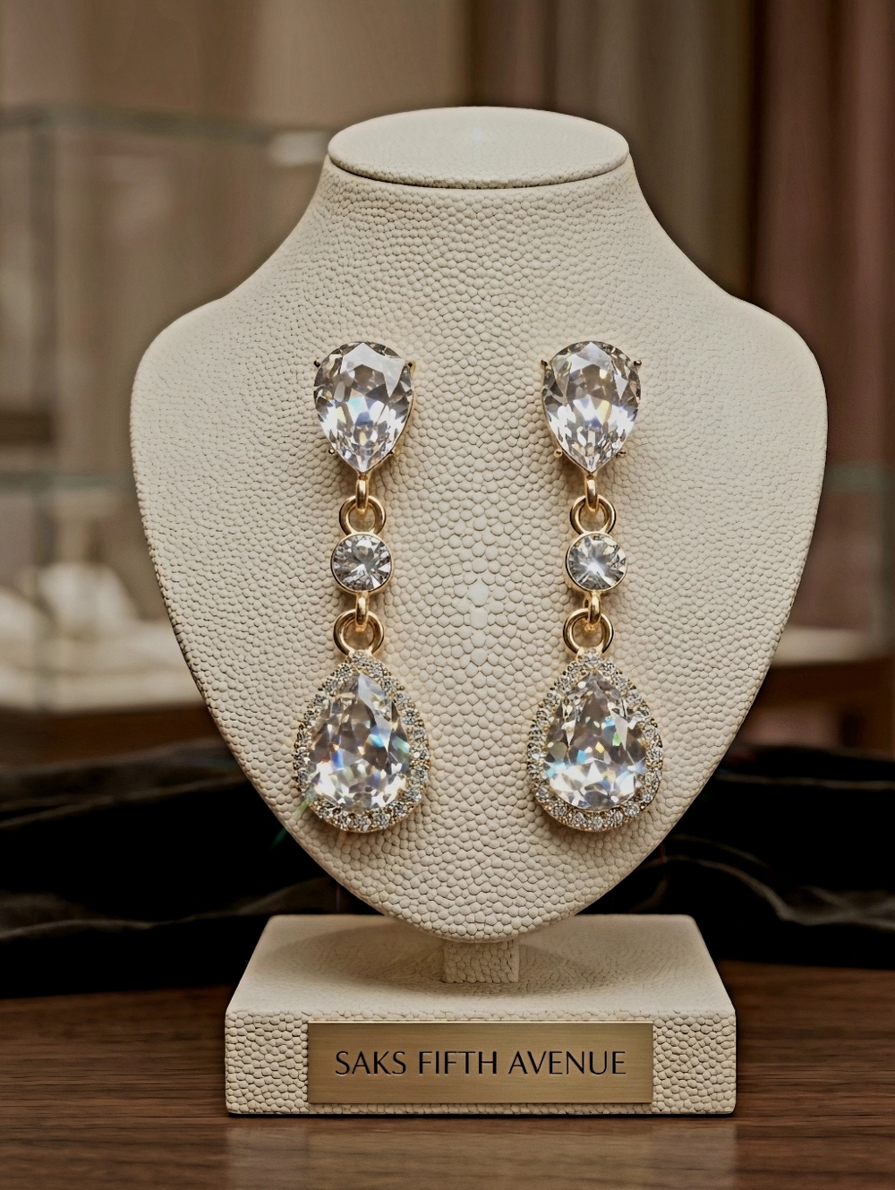 Photos Copied. Saks Fifth Avenue Gold and Clear Crystal Teardrop Dangle Earrings